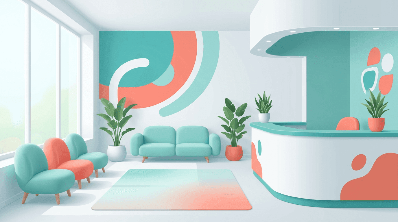 Clinic reception scene rendered in the flat-3D style